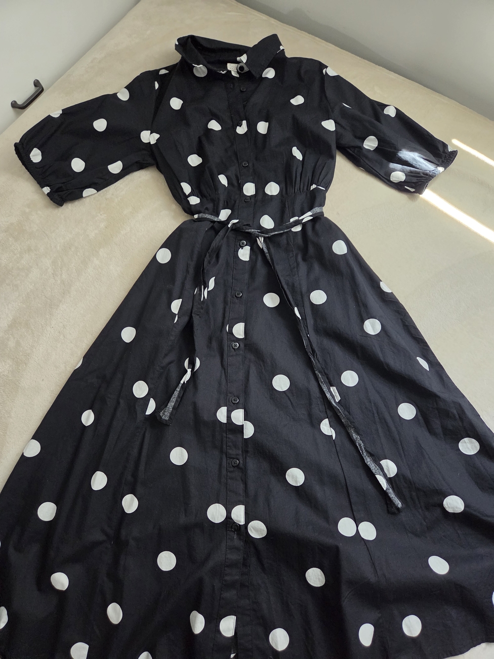 a new day Black & White Polka Dot Midi Shirt Dress with Tie Waist